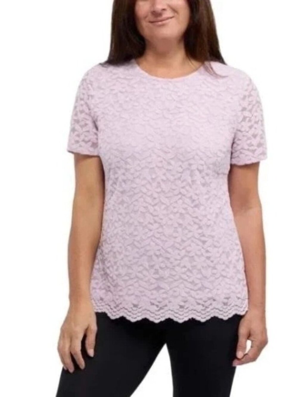 NWT Teddi Rose Women's S Lace Top Lavender Short Sleeve Floral Scalloped Hem